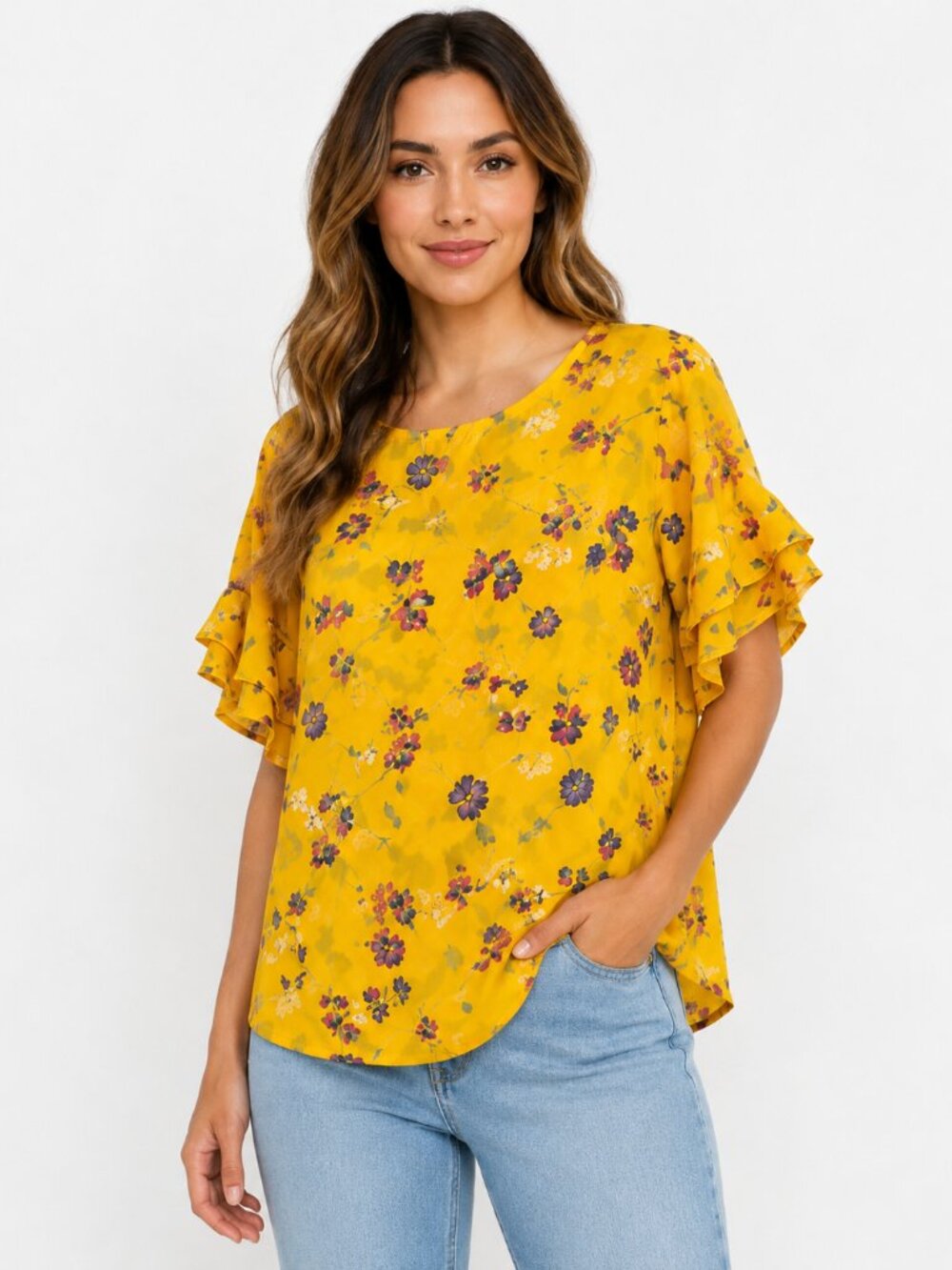 NWT Pleione Yellow Floral Ruffle Sleeve Blouse XS